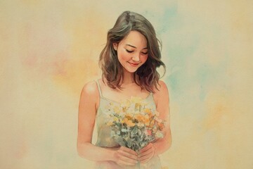 Fototapeta premium watercolor illustration of woman smiling softly holding flowers, soft pastel background, warm gentle feel
