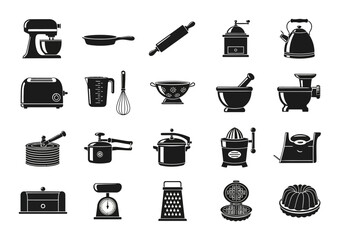 Monochrome vector icon set featuring a collection of essential kitchen appliances and cooking utensils in a simple glyph style