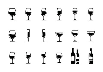 A diverse collection of black and white vector icons featuring various wine glass shapes and bottles, ideal for beverage menus and winery branding