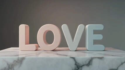 A series of minimalist 3D letters spelling "LOVE" elegantly assembling themselves on a marble slab, each letter is a different pastel shade with soft rounded edges. - Powered by Adobe