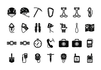 A comprehensive collection of solid black glyph icons representing mountaineering equipment, rock climbing gear, and safety tools for outdoor adventures