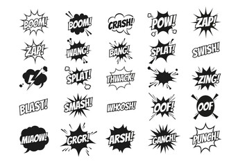 A versatile collection of classic black and white comic book sound effects, featuring pop art style onomatopoeia in vector speech bubbles