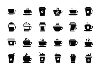 A diverse vector icon set of coffee cups and mugs in black. This glyph collection features various hot beverage symbols for cafes and drinks