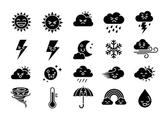 A collection of cute weather glyph icons with emotional faces. Vector set of meteorological symbols like sun, cloud, rain, and storm