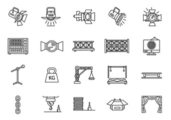 A comprehensive line icon set of professional stage equipment for concerts, theater, and live event production visuals