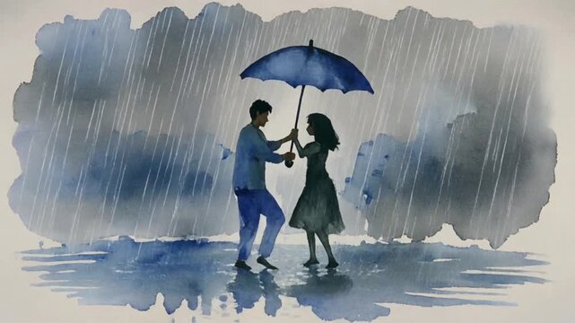 A loose watercolor sketch of a couple dancing under an umbrella in the rain.
