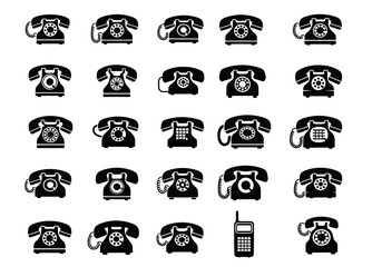 A diverse set of old-fashioned rotary telephone icons and a classic mobile phone for technology concepts. Vector graphics set 442