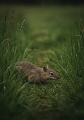 Fototapeta premium A small field animal is crouched low in tall grass, completely still and alert, listening for any sign of a predator nearby, silent, evasion, threatened