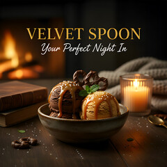 Cozy Chocolate and Caramel Ice Cream Dessert with Candlelight Ambience