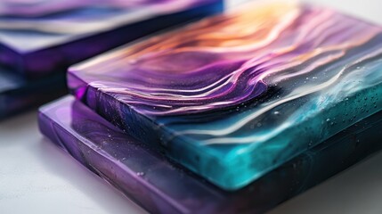 Abstract art of vibrant swirling resin blocks in purple, magenta, and teal, showcasing fluid patterns and luminous gradients.