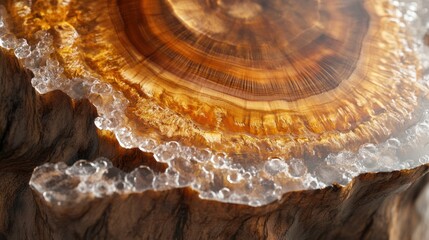 Close-up of a detailed tree stump cross-section showing natural annual rings and wood grain, partially covered by a translucent, glossy ice layer.