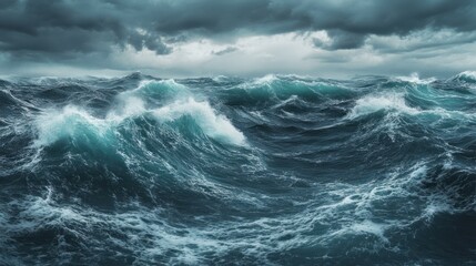 Wild ocean surface with intense blue-green waves breaking under a cloudy sky