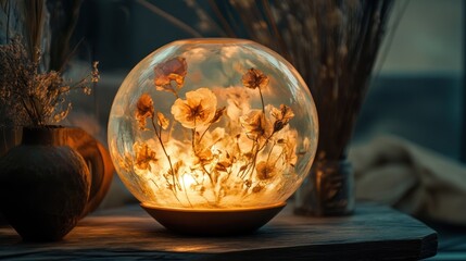 Glowing Glass Sphere with Dried Flowers, Illuminated Botanical Home Decor Lamp on a Wooden Table