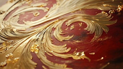 Gilded Ornate Gold Scrollwork Pattern on Rich Red Textured Surface