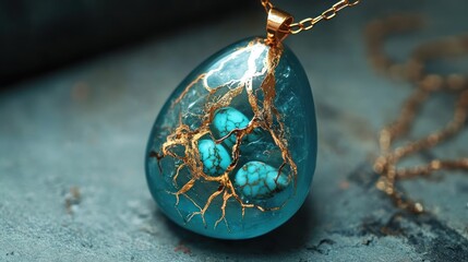 Elegant Teal Resin Pendant with Gold Kintsugi and Turquoise Stones on a Chain, Macro Shot