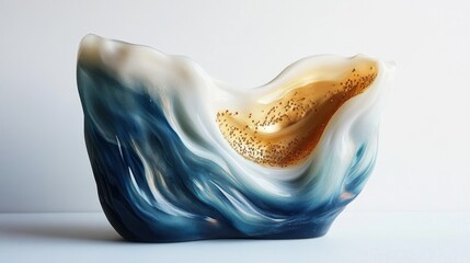 Elegant Abstract Sculpture with Fluid Blue Waves and Golden Glitter Texture