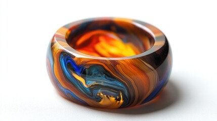 Vibrant Swirling Resin Art Object with Orange Blue and Yellow Colors on White Background