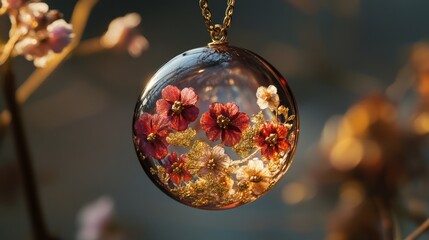 Elegant glass pendant with preserved red and white flowers and golden flakes, hanging from a chain