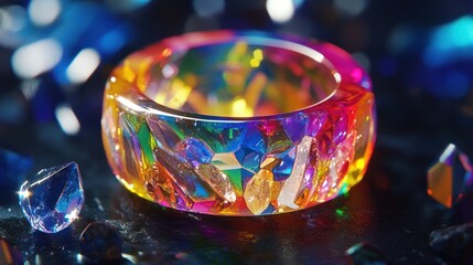 Vibrant Multi-Colored Faceted Crystal Ring with Rainbow Hues on a Dark Reflective Surface