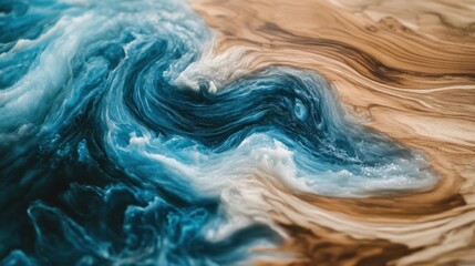 Epoxy Resin Art with Dynamic Blue Waves and Wood Grain