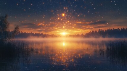 Fototapeta premium Enchanting Sunrise Over Misty Lake with Starry Sky