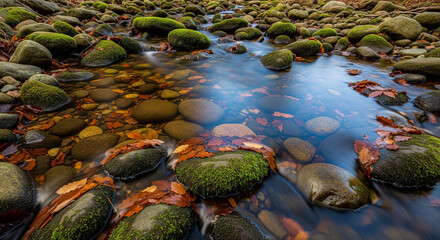 Fototapeta premium Tranquil stream flowing over mossy rocks and autumn leaves, perfect for nature lovers and outdoor adventures in a peaceful forest setting