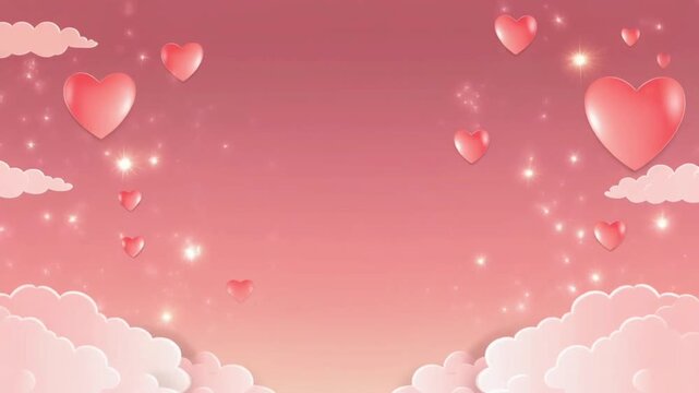 Cute chibi love scene, floating hearts, pink sky, sweet sparkles, gentle movement, cozy Valentine vibe, magical soft glow, fluffy clouds.