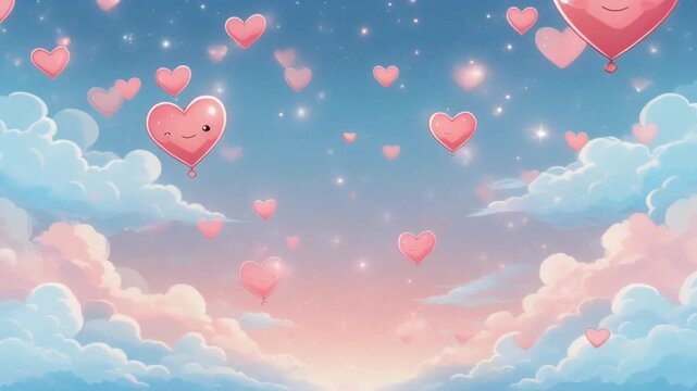 Cute chibi love scene, floating hearts, blue sky and sweet sparkles.