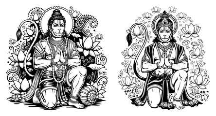 Praying Hanuman with Lotus and Paisley Ornaments. Detailed Hindu God Vector Illustration