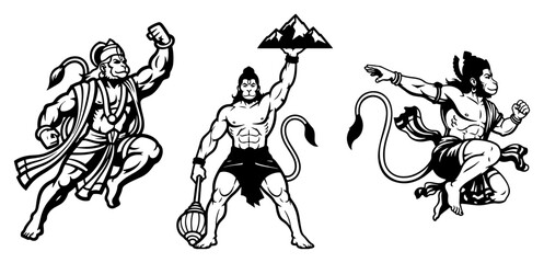 Hanuman in Action Poses Set Lifting Mountain and Flying. Hindu God Mascot Vector