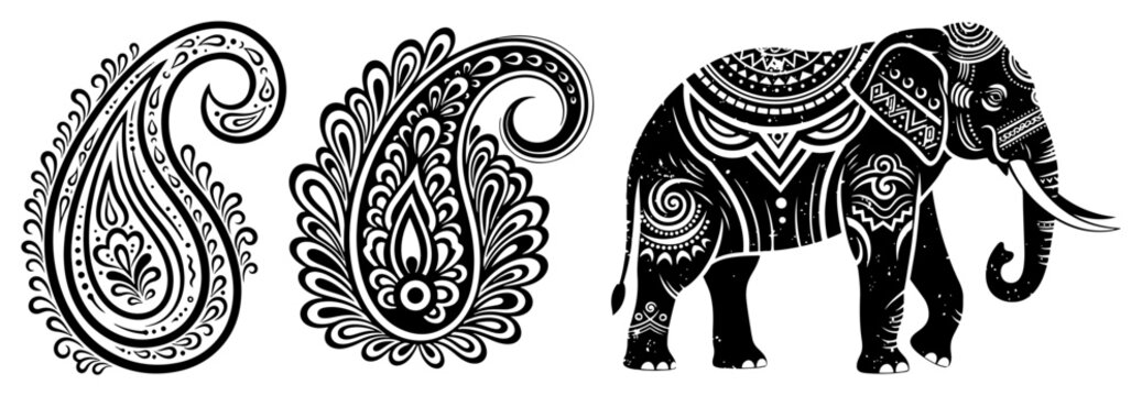 Ornate Indian Elephant and Paisley Pattern Set. Ethnic Tribal Decorative Vector Elements