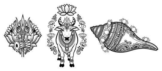 Ornate Hindu Puja Symbols Set. Decorative Trishula Nandi Cow and Shankha Vector Illustration
