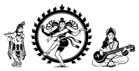 Hindu Deities Vector Set. Krishna Shiva Nataraja and Saraswati God Silhouette Icons
