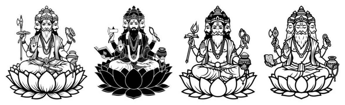 Trimurti Brahma Vishnu Shiva Seated On Lotus With Multiple Arms Sacred Hindu Deities Outline Vector
