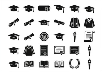 Comprehensive set of black glyph icons for university graduation and higher education, featuring mortarboards, diplomas, and academic symbols