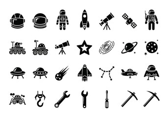 Monochrome glyph icon set featuring space exploration and astronomy symbols. Includes astronaut, rocket, planet, rover, and sci-fi elements for design © John