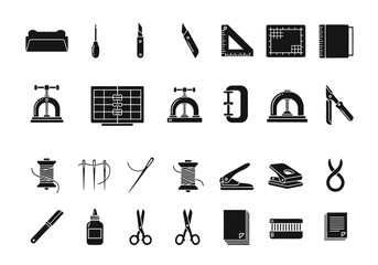 Obraz premium Glyph icon collection of bookbinding equipment and stationery supplies. Simple black symbols for handmade craft projects and book repair