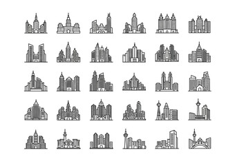A diverse collection of city skyline and modern building vector line icons. Urban architecture and cityscape symbols for graphic design, set 2j (467)