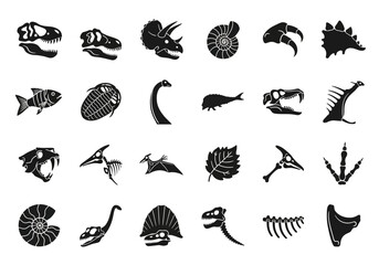 Vector collection of paleontology icons featuring various dinosaur skulls, prehistoric skeletons, and ancient fossils © John