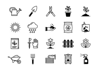 Comprehensive line icon set for gardening, farming, and agriculture, with tools and nature symbols. Vector illustration collection 2j (469)