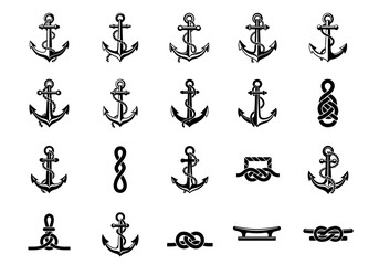 A diverse set of monochrome nautical icons, including classic sea anchors with ropes and various traditional sailor knots