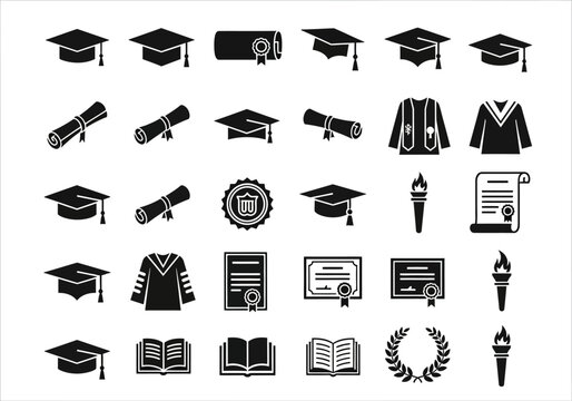 Comprehensive set of black glyph icons for university graduation and higher education, featuring mortarboards, diplomas, and academic symbols - Powered by Adobe