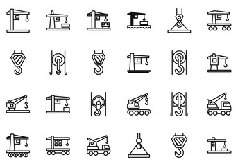 Vector icon collection of industrial machinery, including tower cranes, mobile cranes, and lifting hooks for construction projects