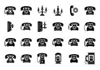 Vector icon pack of antique telephones in a solid black silhouette style. A set of retro communication symbols