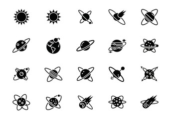 Vector glyph icon set of solar system and galaxy elements. Includes sun, planets with rings, and atomic symbols for science design 2j (504)
