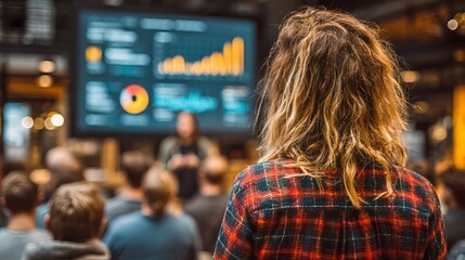 Audience listening to business presentation with data charts on screen, generative ai