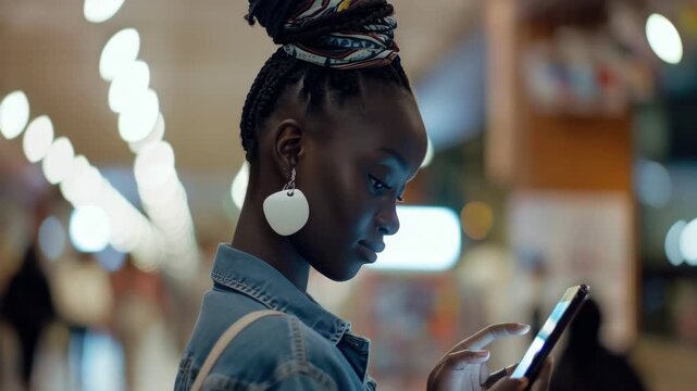 Young woman engrossed in her smartphone at a bustling market place.
