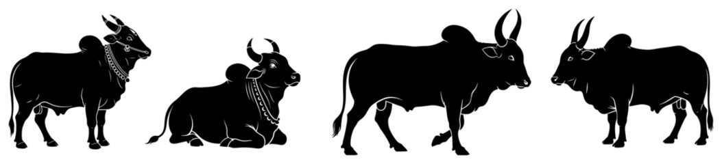 Zebu Cattle Silhouette Vector Set. Indian Sacred Cow and Bull Collection.