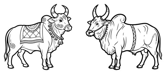 Indian Zebu Bull Vector Illustrations. Hand Drawn Sacred Nandi Cow Line Art Set