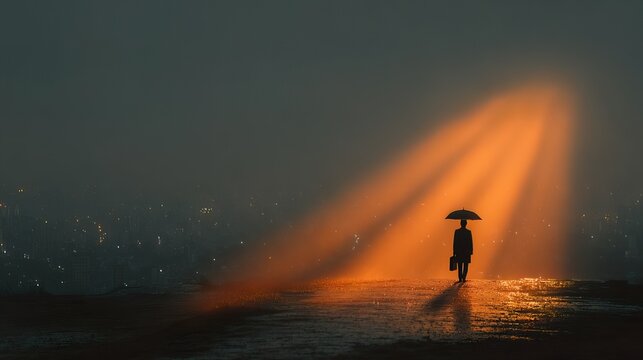 Silhouette of person with umbrella under orange light in rainy city night, generative ai